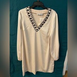 NWT Trina Turk Cream Dress with Embellished V-Neck